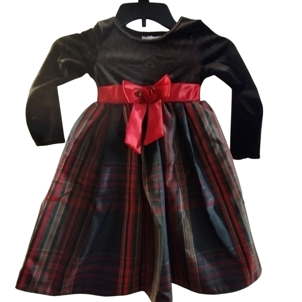 💚 EUC Brown Velvet and Red Plaid Dress Bow 4T Christmas Holiday Beautiful